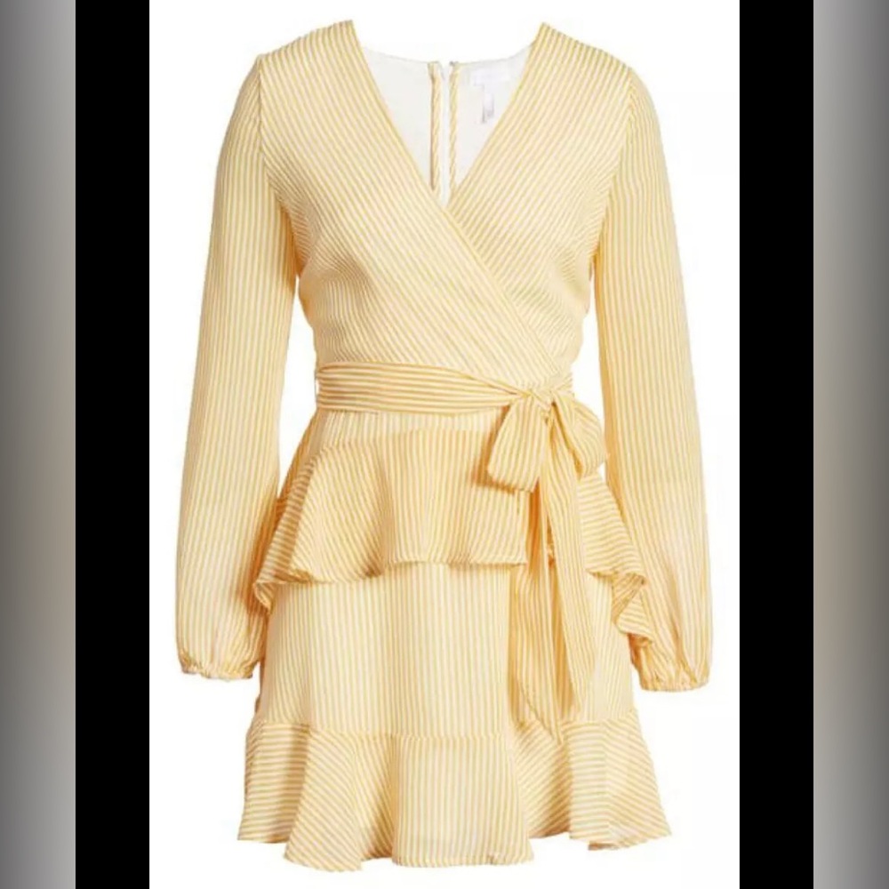Leith Womens Yellow Stripe Long Sleeve Wrap Front Mini Dress Tiered Ruffle